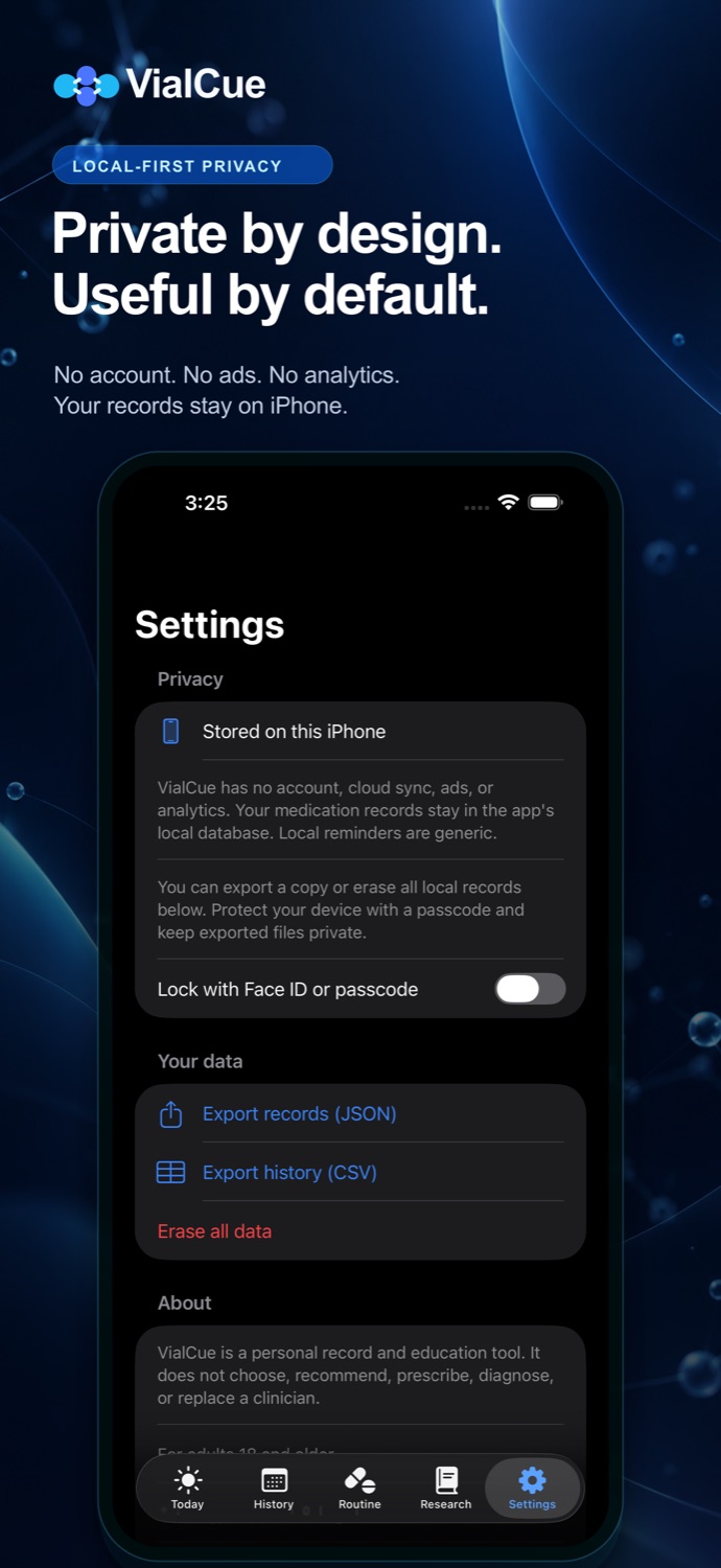 VialCue privacy settings screen